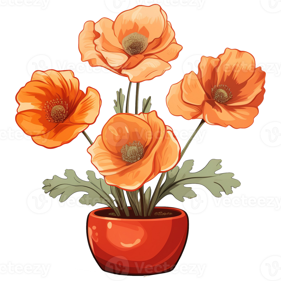 AI generated Cartoon illustration of poppies in pots isolated on transparent background png