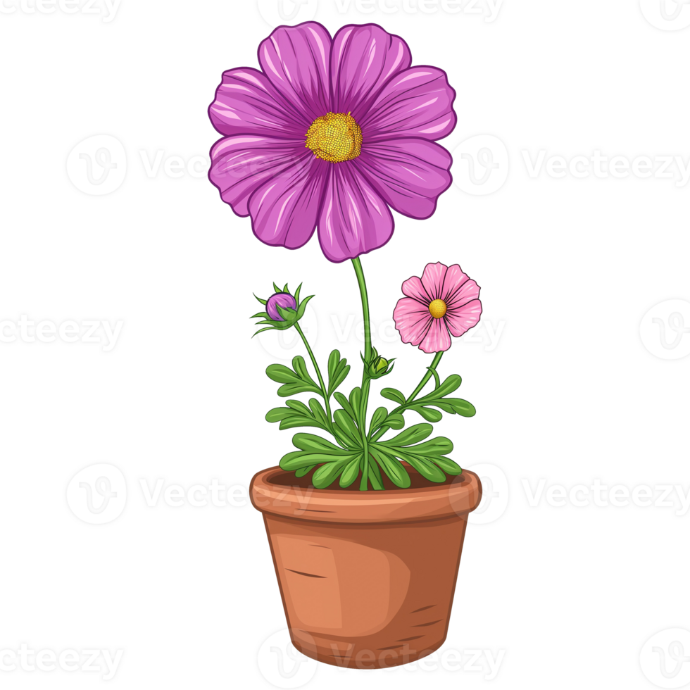AI generated Cosmos flowers in pots isolated on a transparent background png