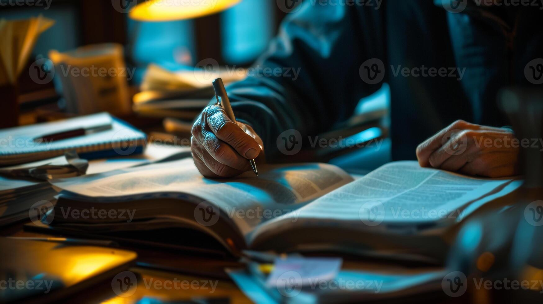 AI generated a man working on taxes textbook under the warm light understanding tax system photo