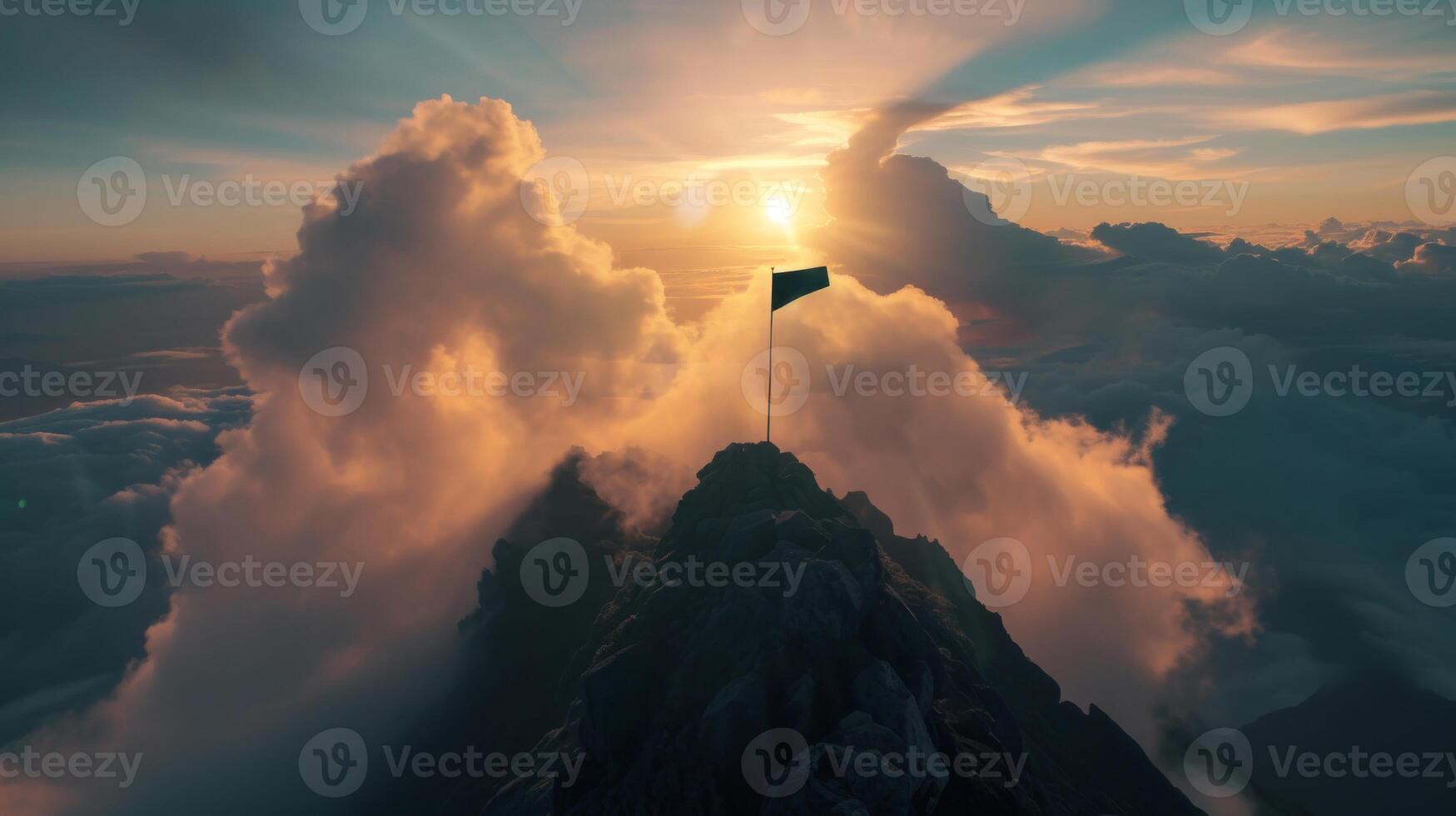 AI generated Flag on Mountain Top at Sunrise on a mountain peak victory moment photo