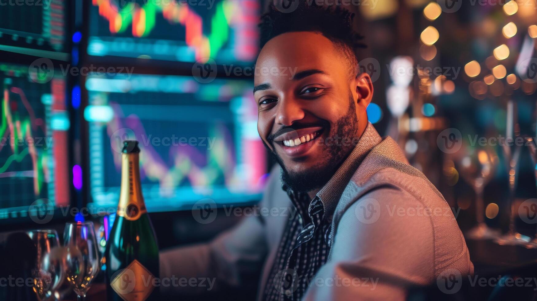 AI generated Profit screens and champagne with smiling trader photo