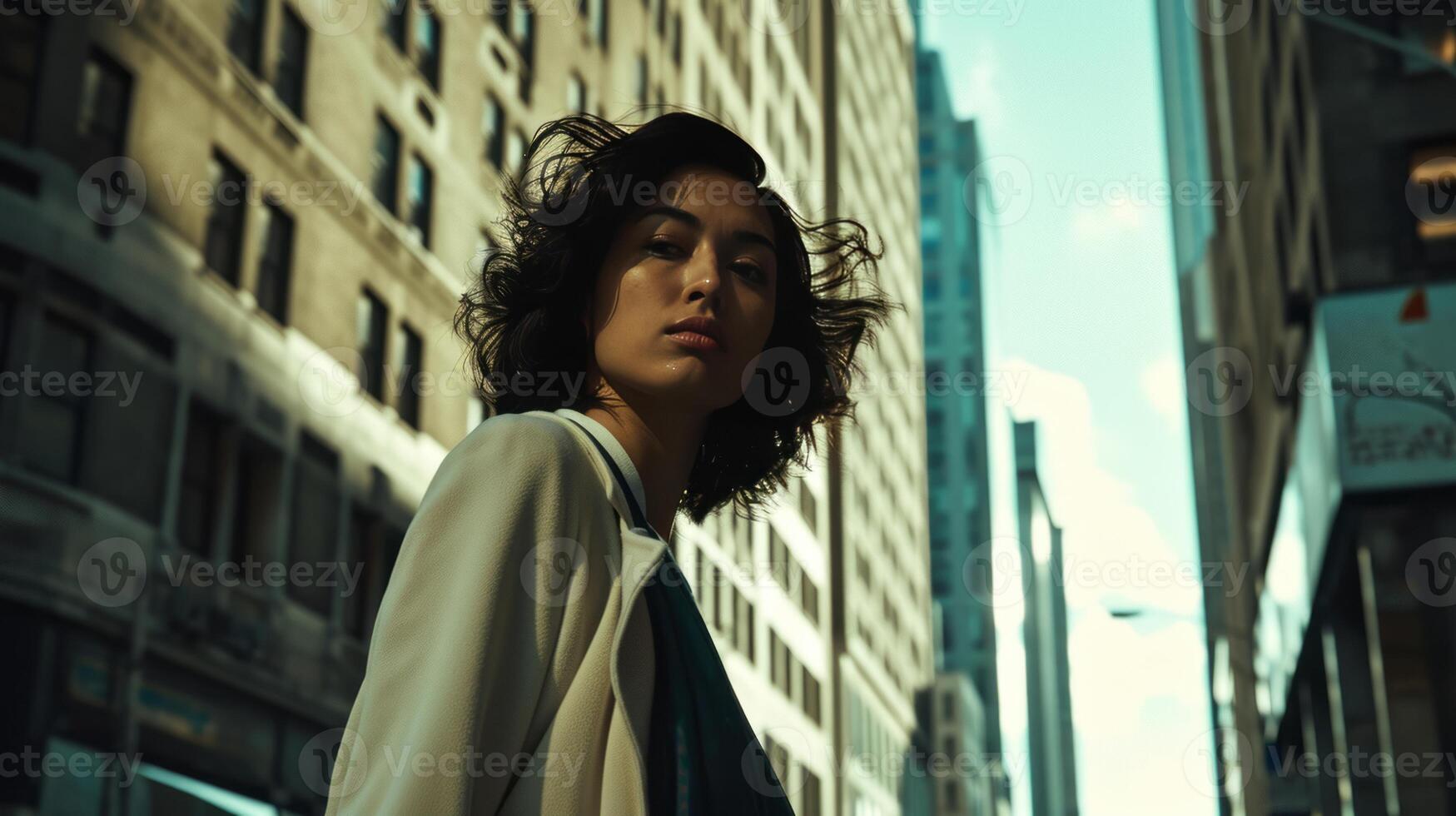 AI generated an asia woman confidently walks in a city, buildings lining the street photo