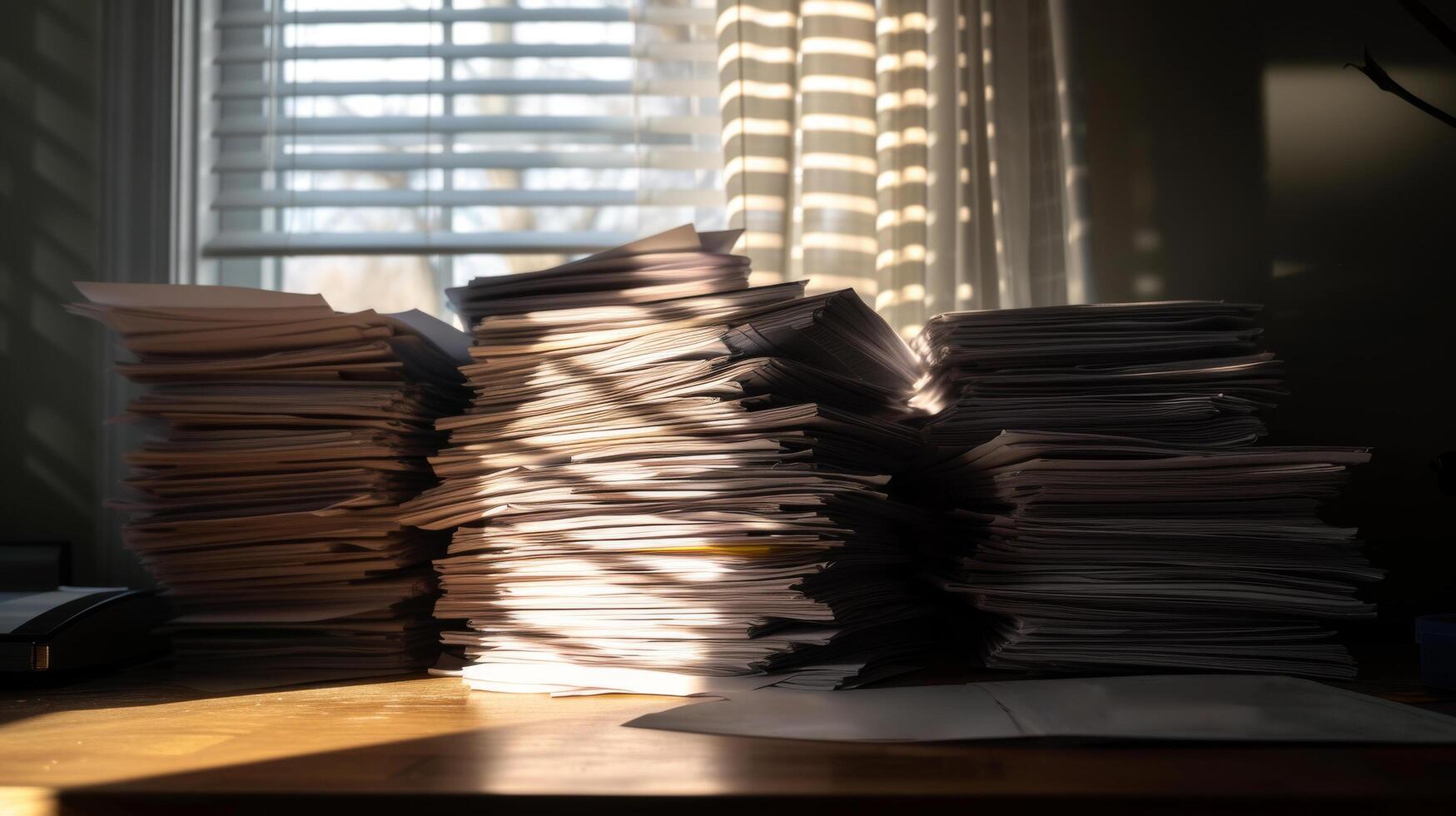 AI generated tax paperwork preparation stack of tax forms and document on desk with sunlight photo