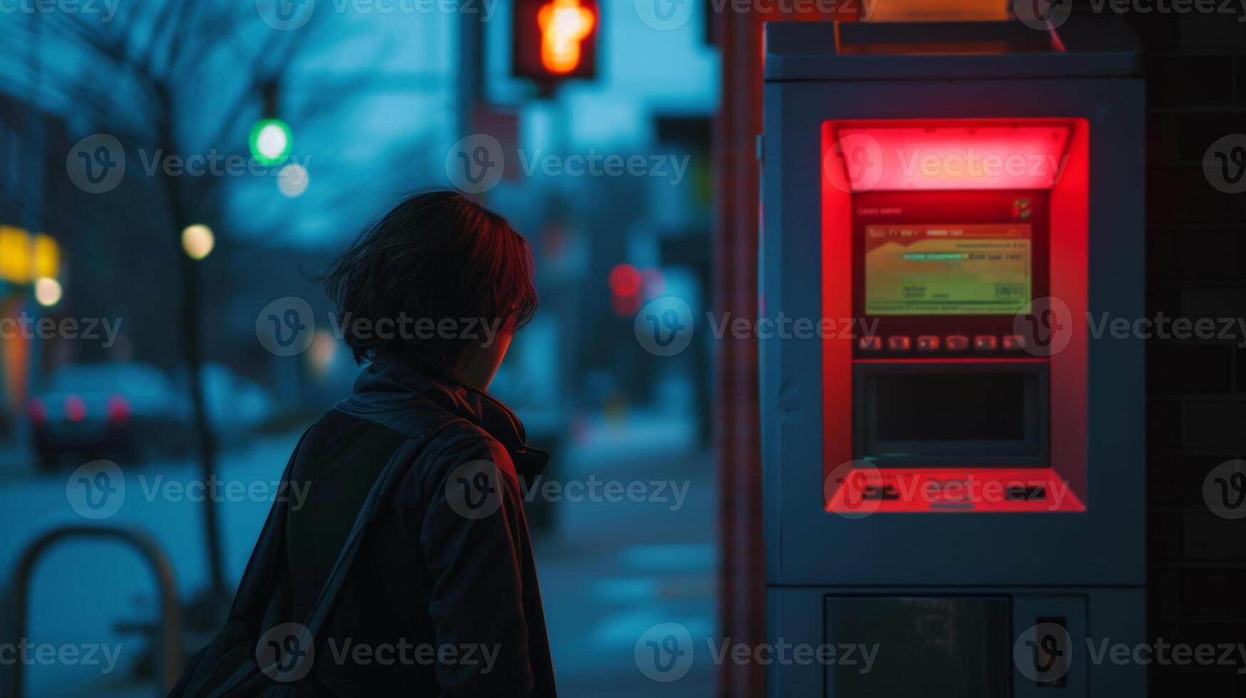 AI generated run out of money woman staring at ATM screen at night photo