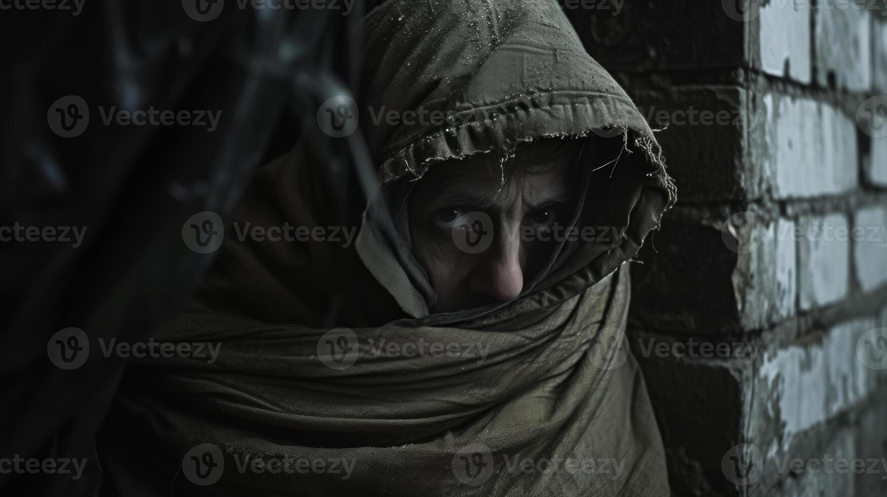 AI generated A Homeless man in a Dark Alley A Painful of Poverty and Abandonment. photo