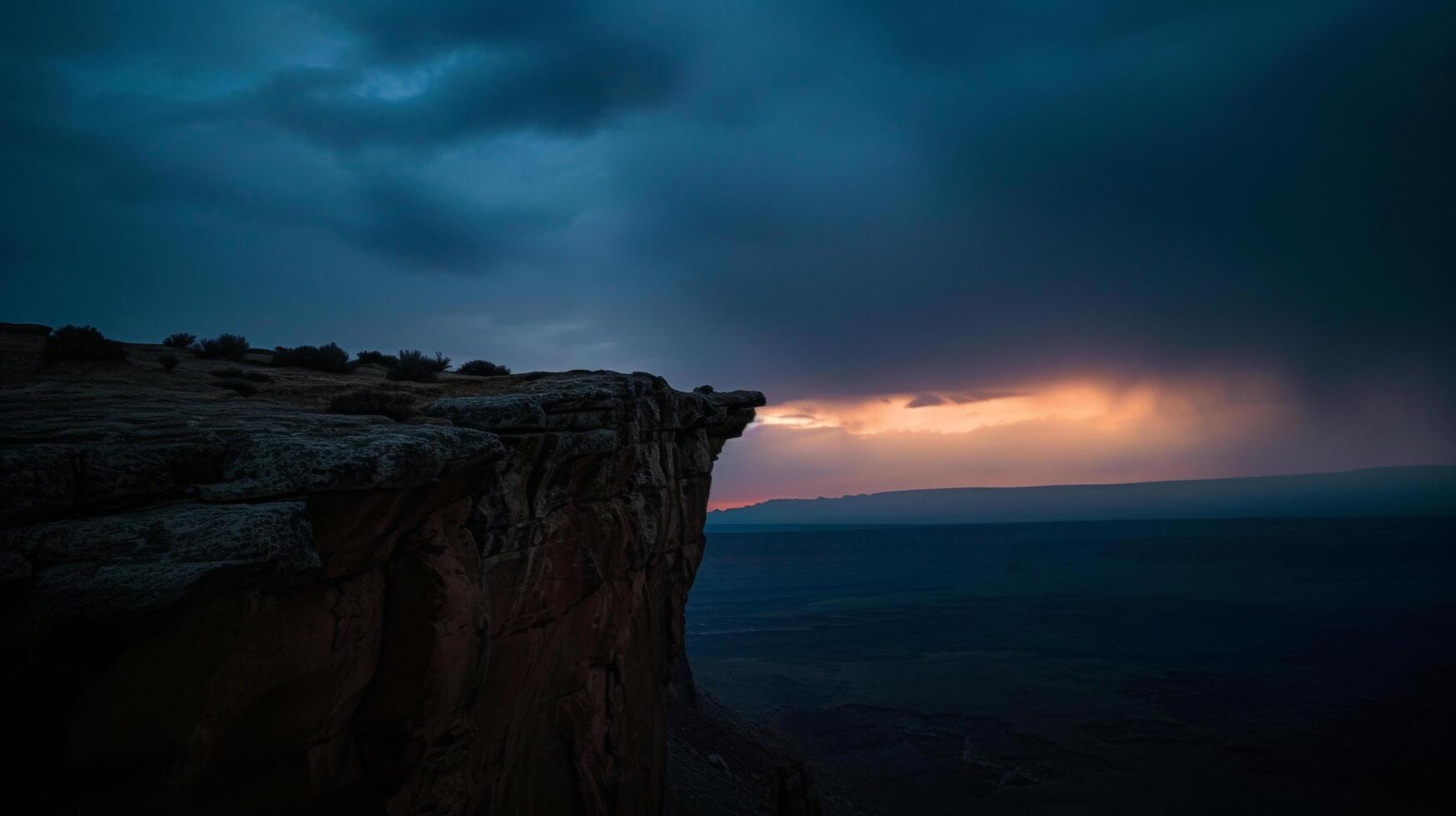 AI generated rock cliff edge under a storm sky with the sun set dark tone photo