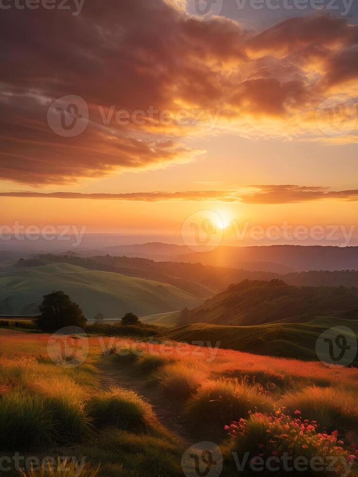 AI generated Beautiful scene of golden sunset casting a warm glow on serene rolling hills. Mountain landscape for wallpaper, template, artwork photo