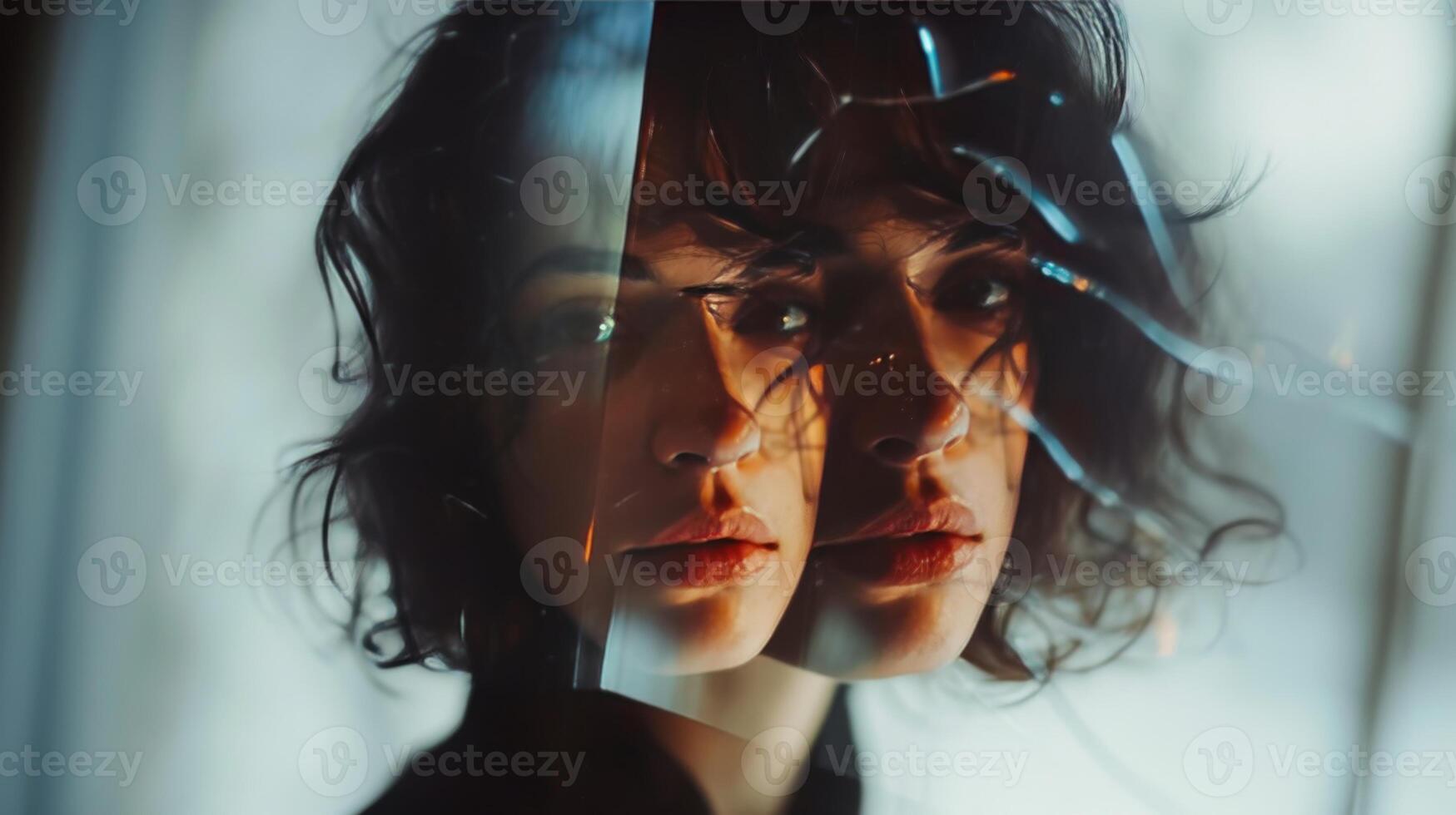 AI generated self recognition identity mental illness woman standing in front of a mirror with reflection photo