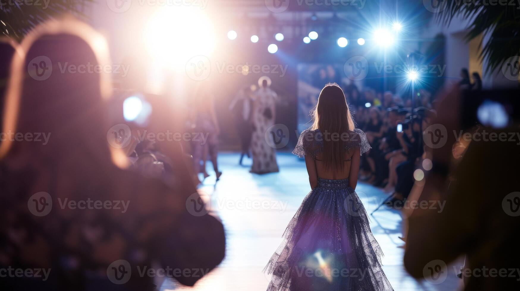 AI generated a high end fashion show with female models wearing designer clothes on runway. photo