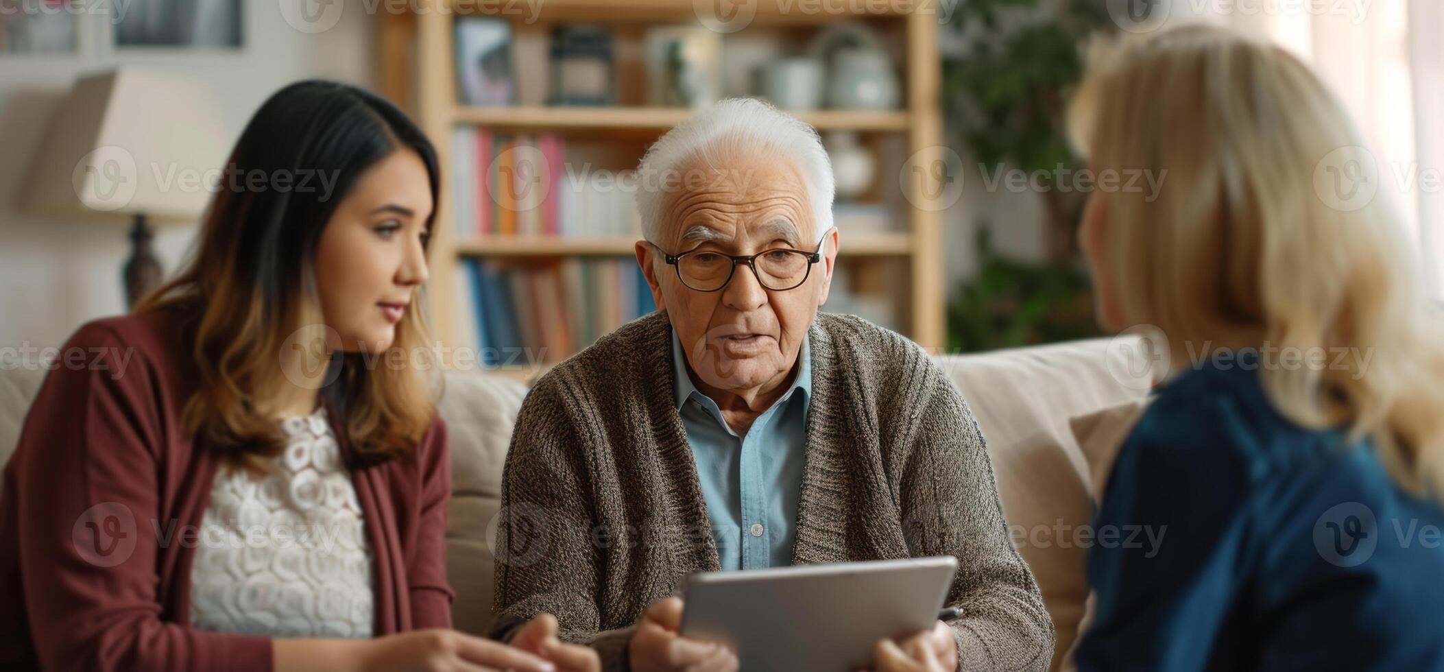 AI generated life long learning elderly learning online course on a tablet with family photo
