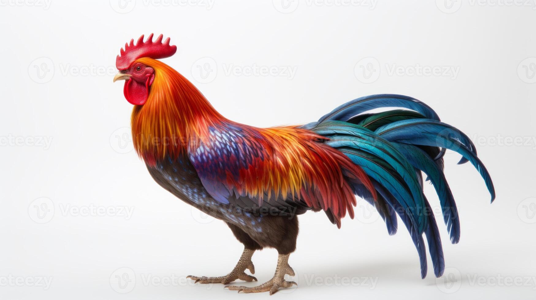 AI generated A vibrant colorful rooster multicolored feathers against a plain background photo