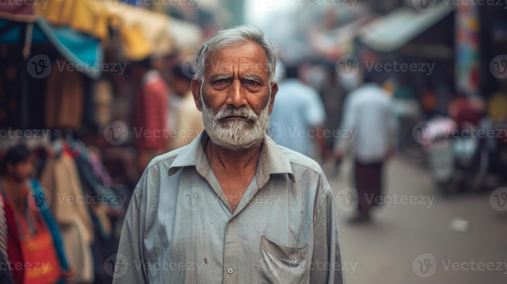 AI generated man in busy marketplace facing depression in everyday life. photo