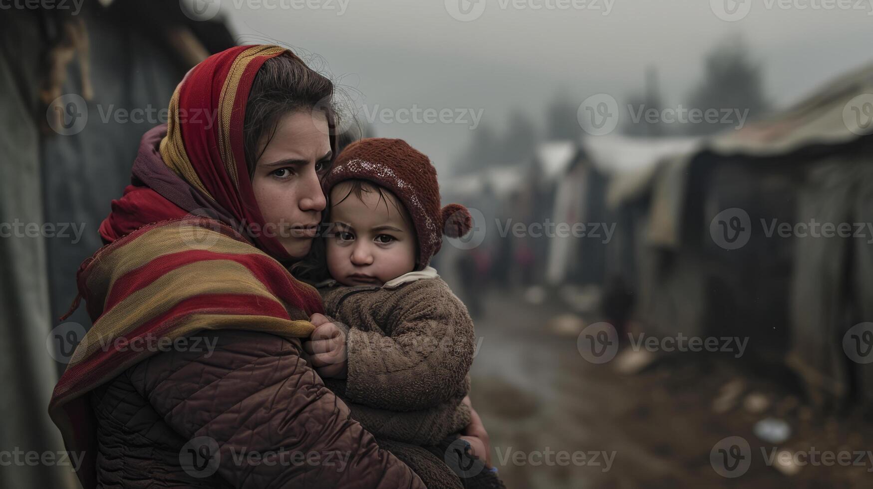 AI generated two war immigrant mother and child comforting each other in a makeshift camp photo