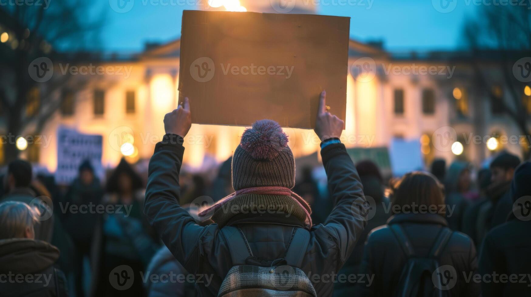 AI generated group of protester holding a sign in front of a government building photo