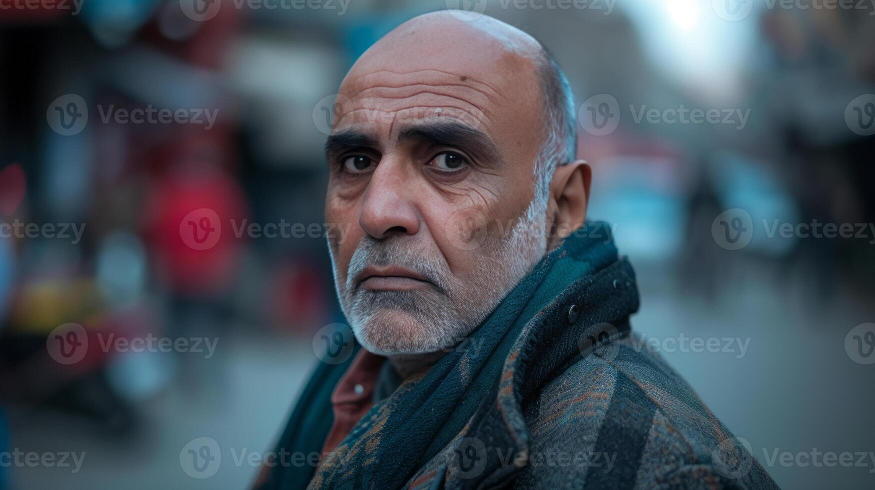 AI generated man in a busy street, wearing a scarf and coat facing hair loss in everyday life. photo