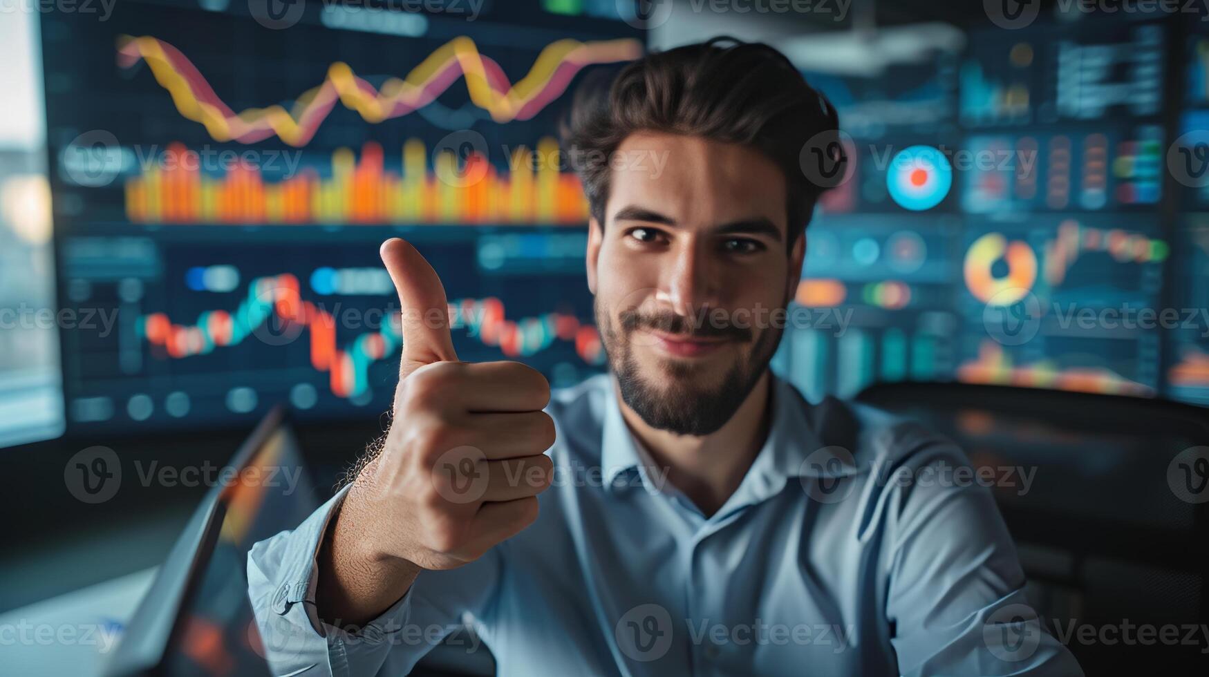 AI generated Trader with Thumbs Up and Financial Charts  on screen behind financial in the digital age photo