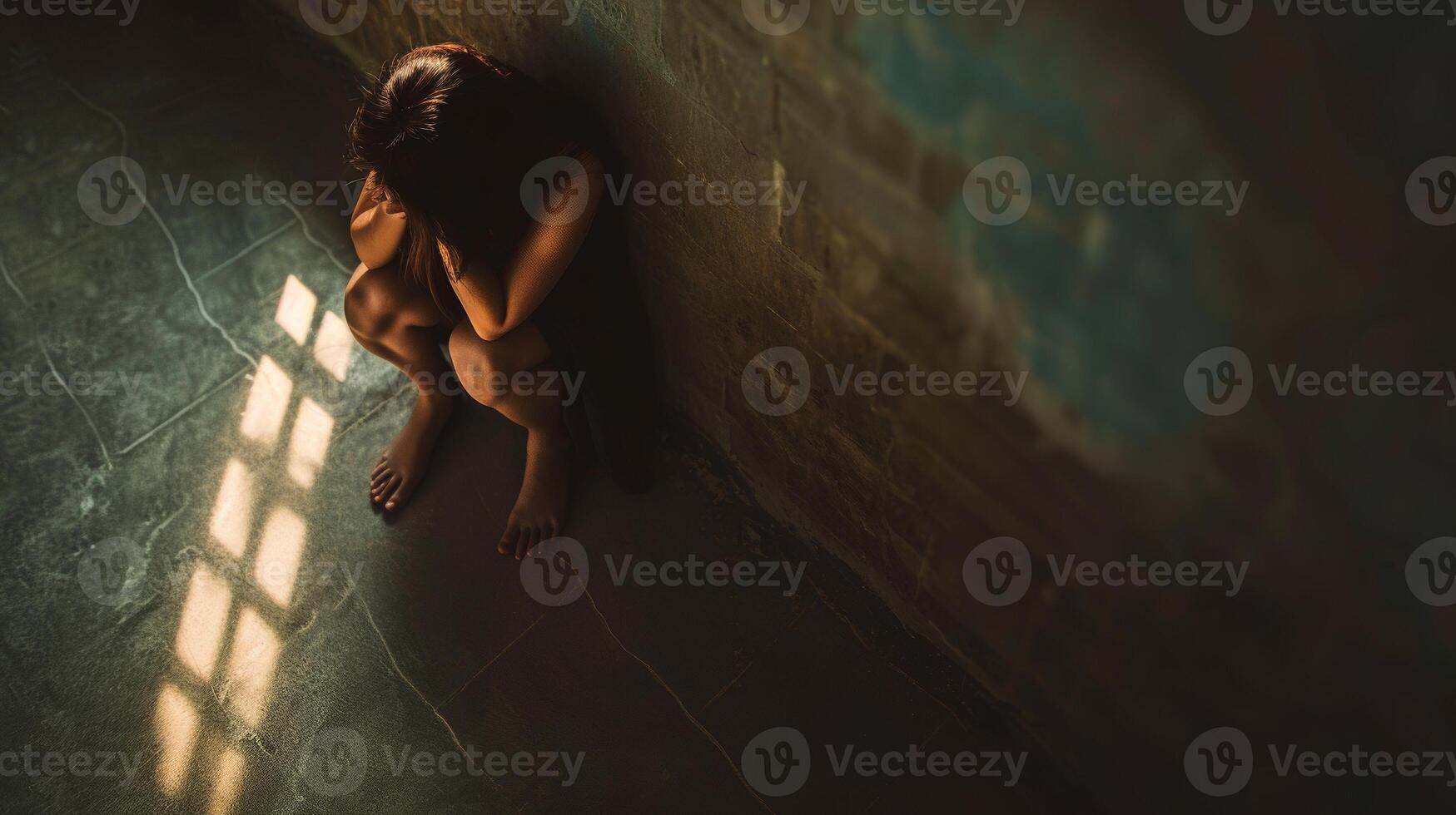 AI generated depression woman in a corner of room sunlight through window bars. photo