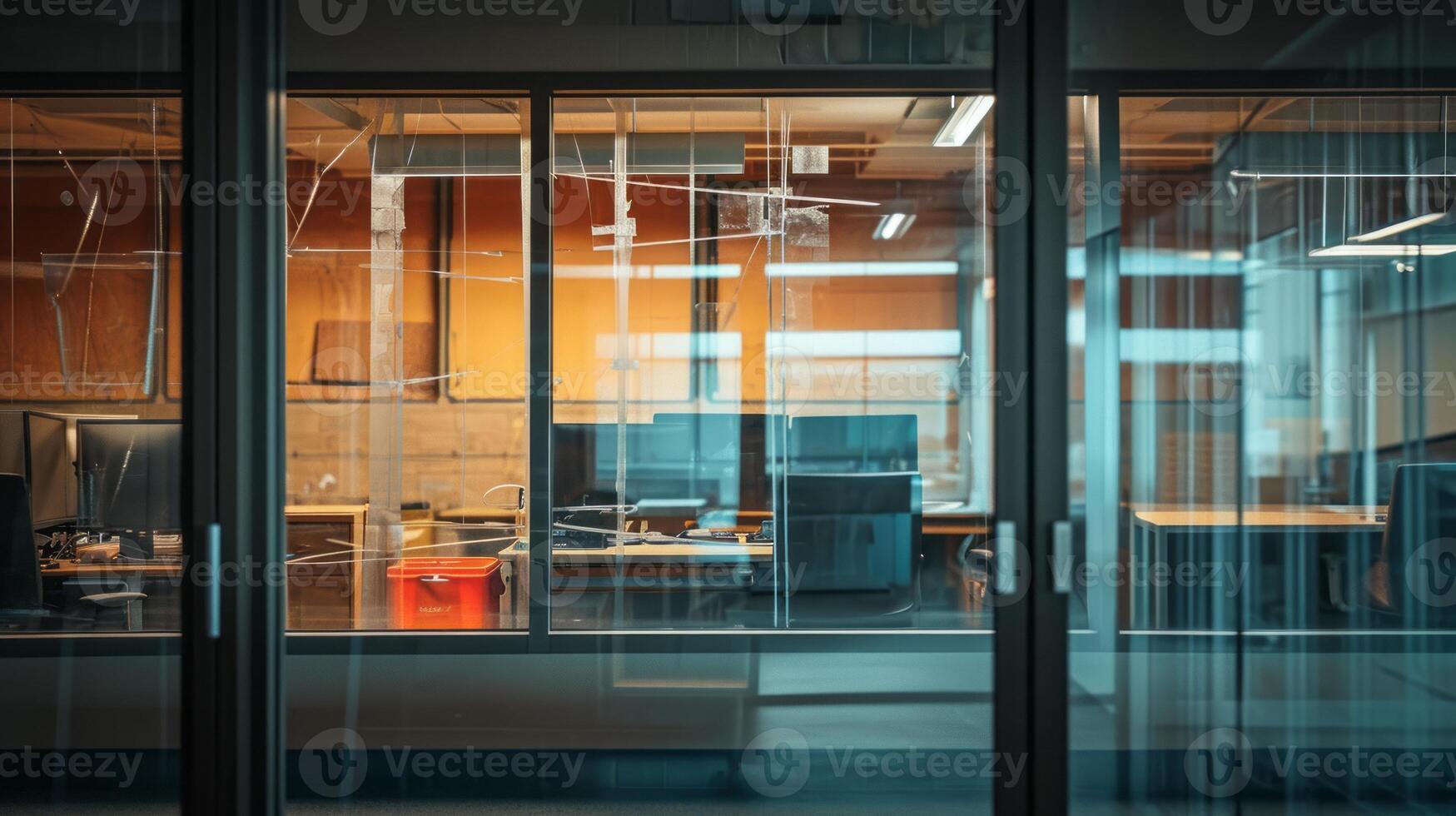 AI generated A modern office interior with computers, chairs, and tables visible through glass doors. photo