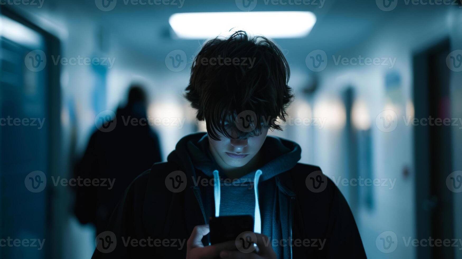 AI generated cold and lonely teenager boy walking alone in school cyberbullying in school photo