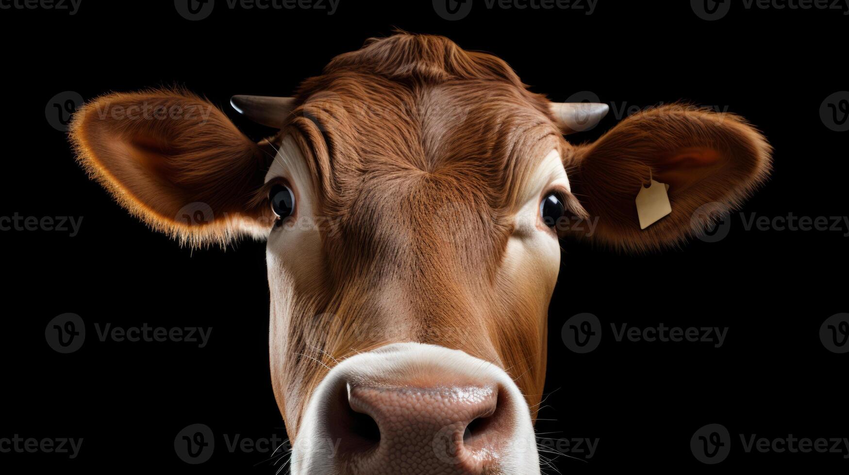 AI generated close-up of a cow face in the center black background photo