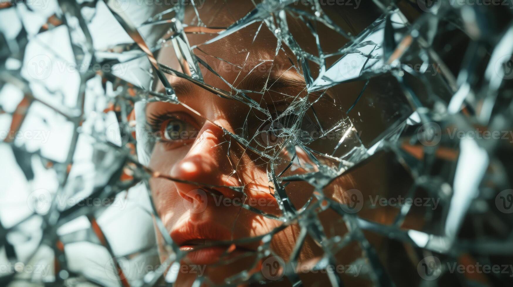 AI generated woman face in shattered glass with sunlight broken mirror mental illness photo
