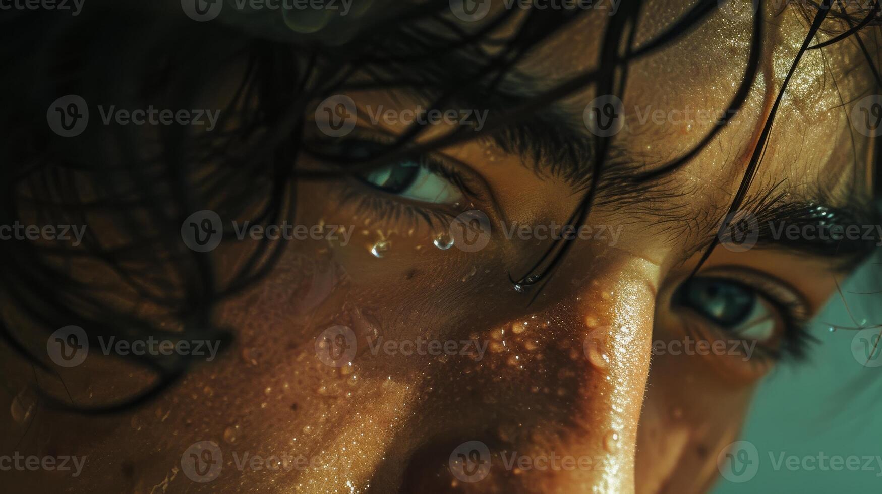 AI generated close up of a teenage man wet face with water droplets  details of the skin and eyes stare at camer photo