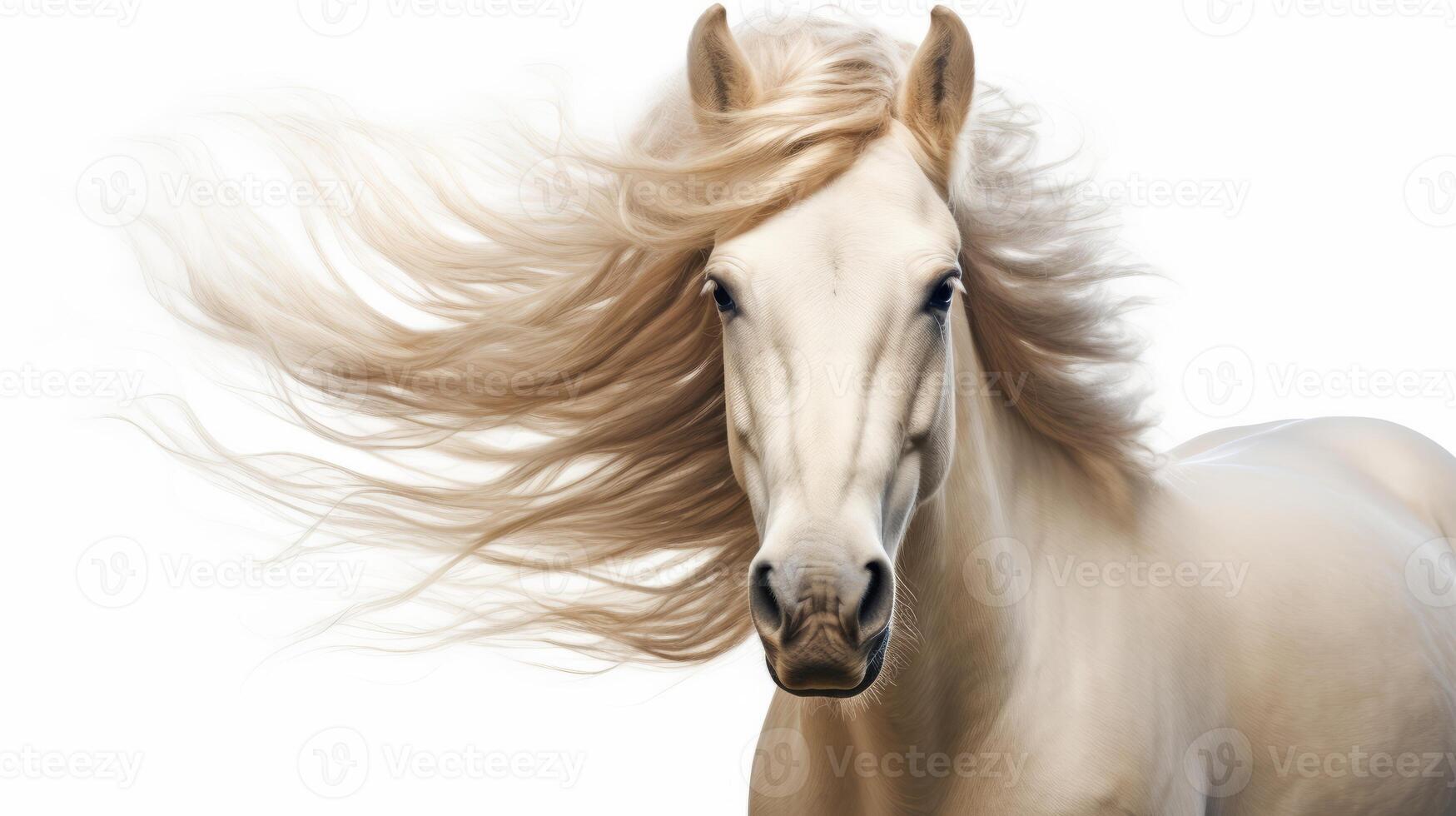 ai generado animal derechos concepto blanco caballo con sus melena fluido en blanco antecedentes foto