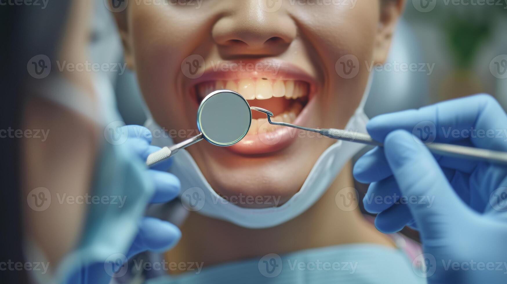 AI generated patient receiving professional dental care dentist holding a mirror to mouth oral health photo