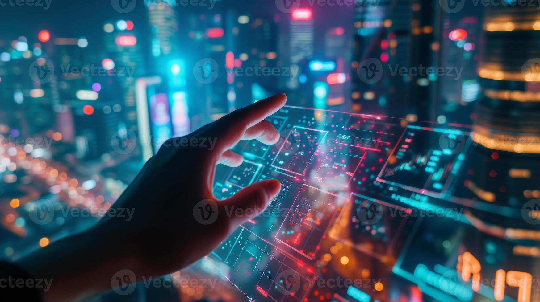 AI generated A Hand Controlling a Digital Trading Platform Projected on a Hologram Screen with a City Background. photo