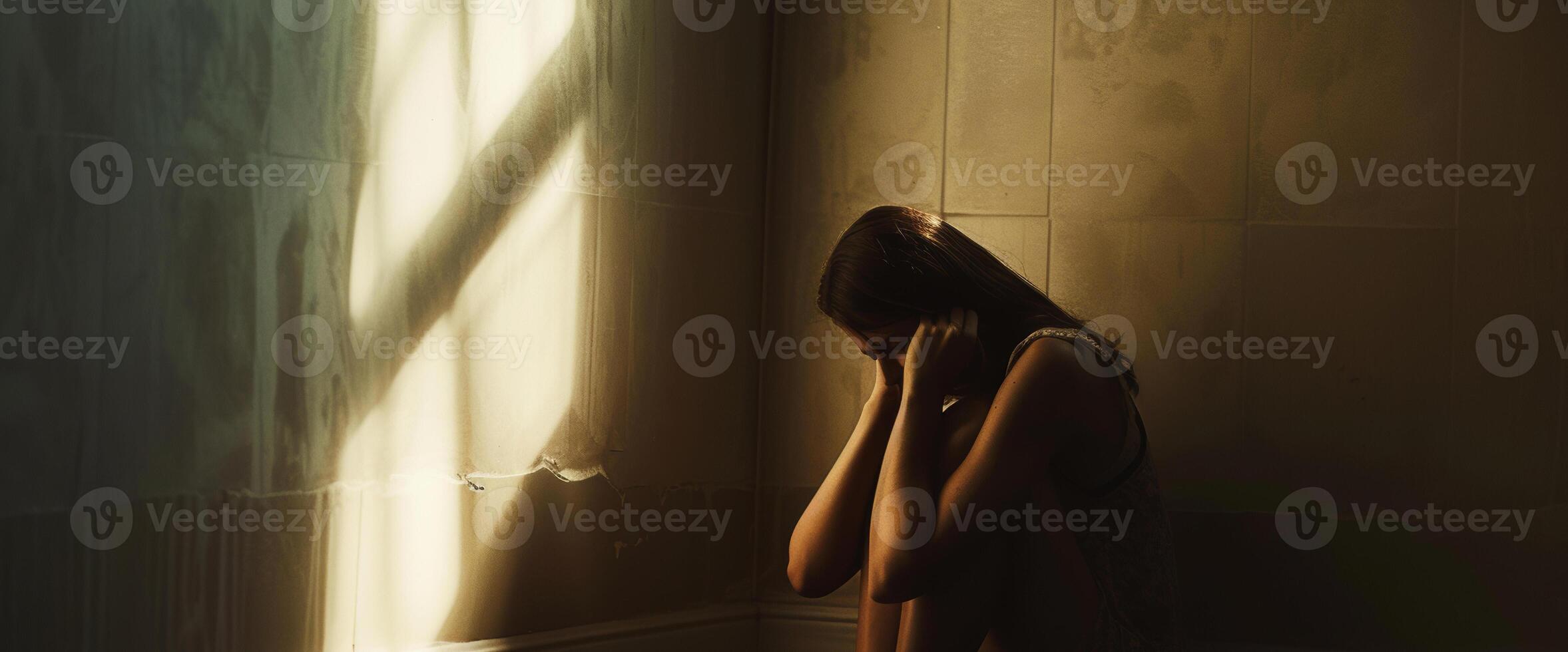AI generated depression sadness woman in a corner of room with a beam of light photo