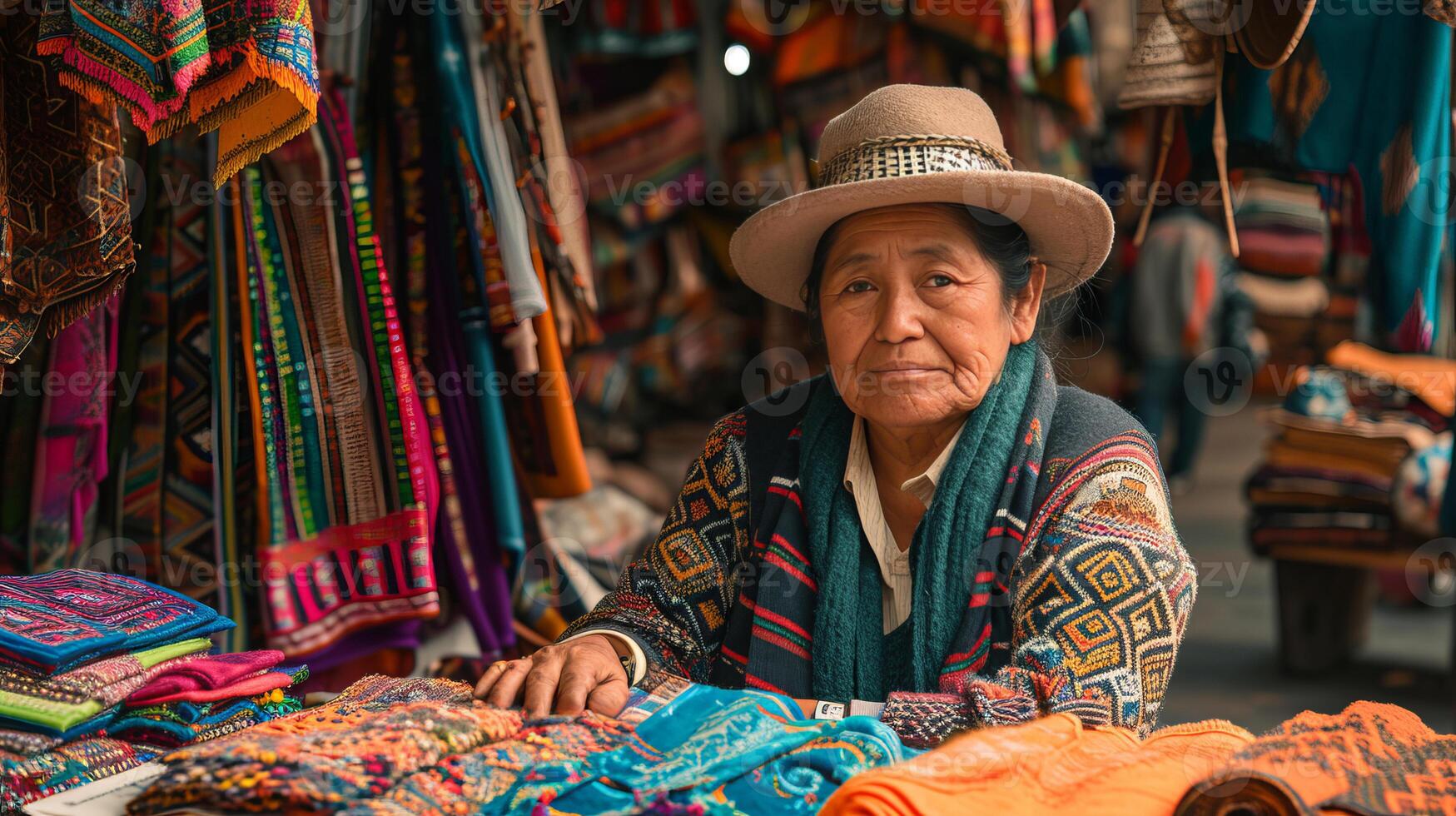 ai generado un inmigrante vendedor en un vistoso mercado vende su hecho a mano artesanía a un local mercado foto