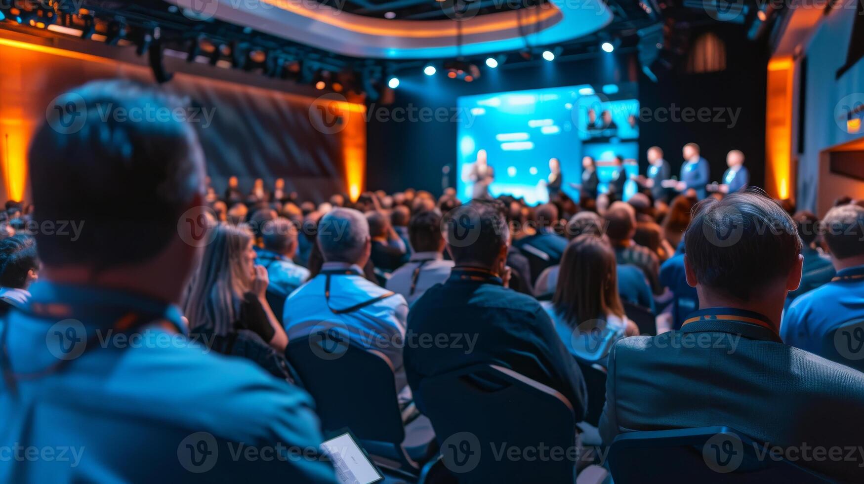 ai generado un grande conferencia habitación lleno con asistentes acecho un diapositivas. foto