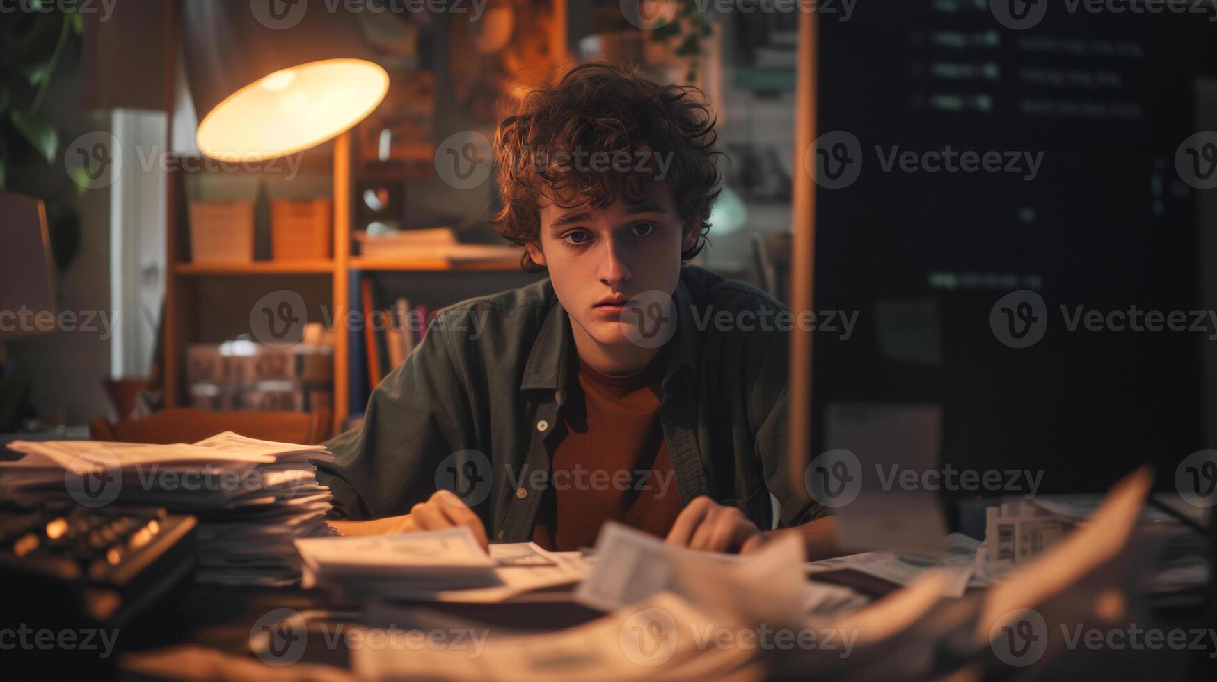 AI generated young man staring at a computer screen displaying a bank account balance zero stack of unpaid bills photo