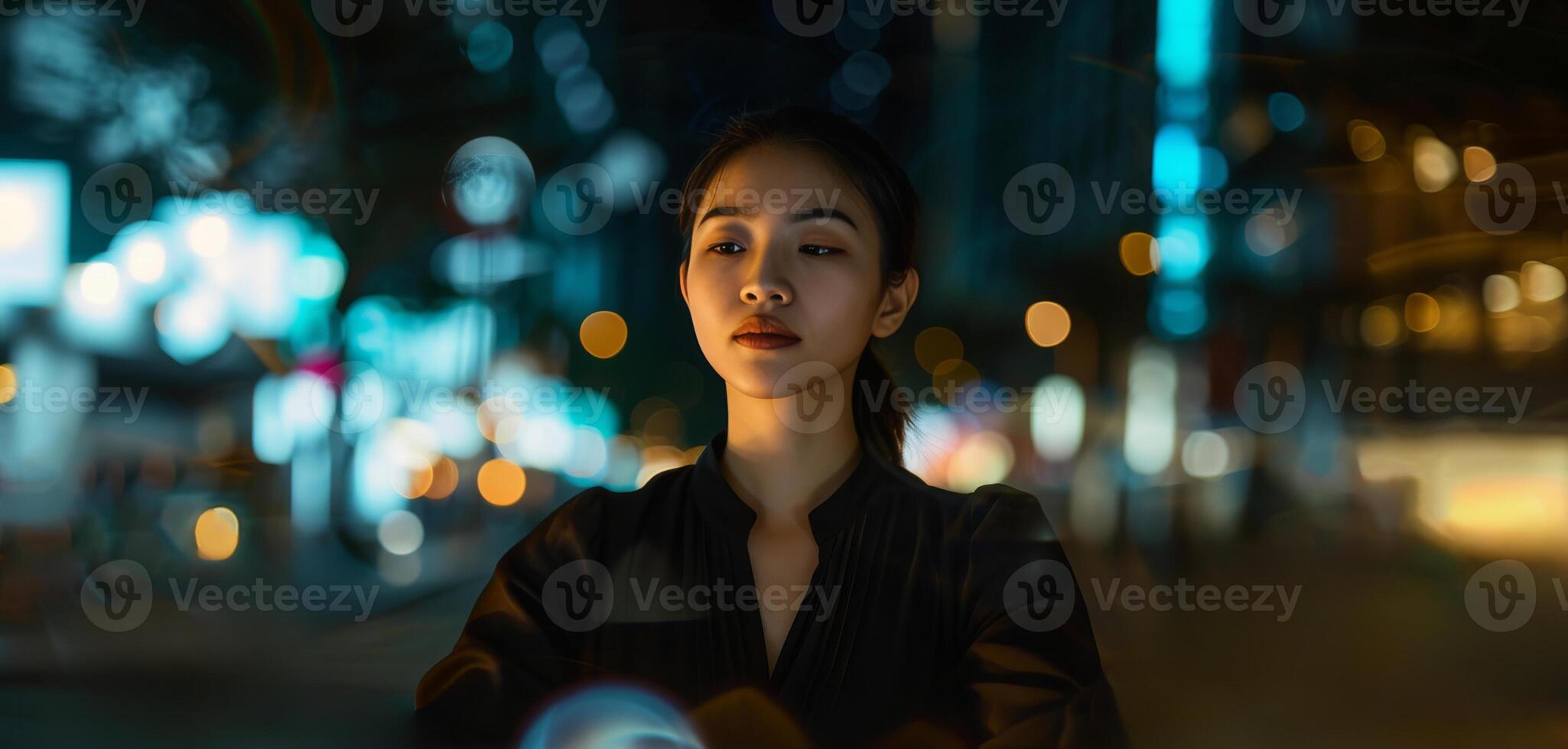 AI generated chinese entrepreneur woman on night city lights bokeh background work life balance photo