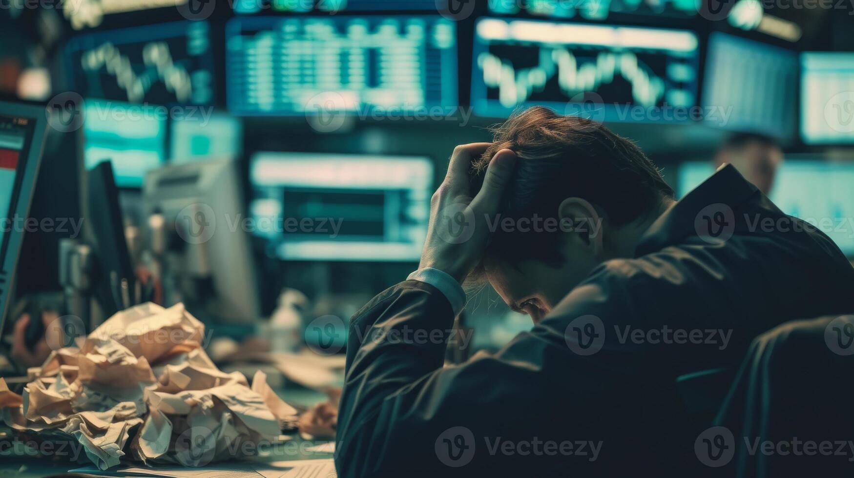 AI generated Emotional trading trader with papers and screens in the background photo