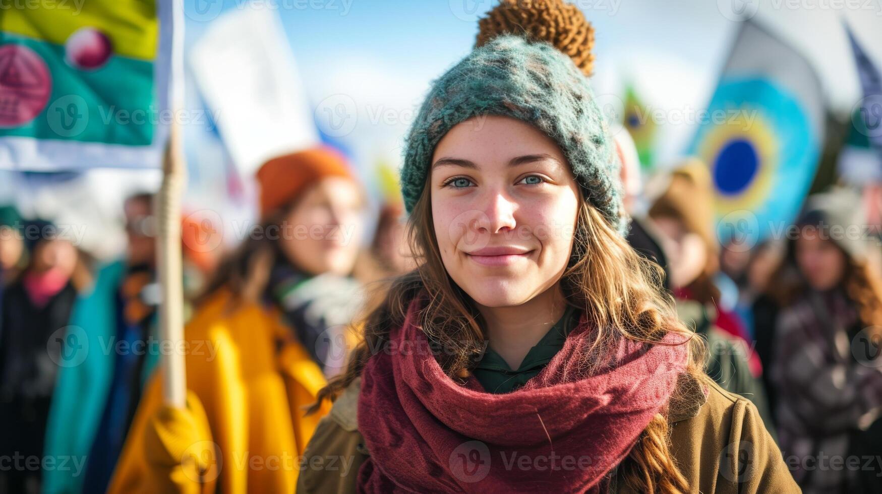 AI generated Global Warming peaceful public protest for climate action with banners and signs photo