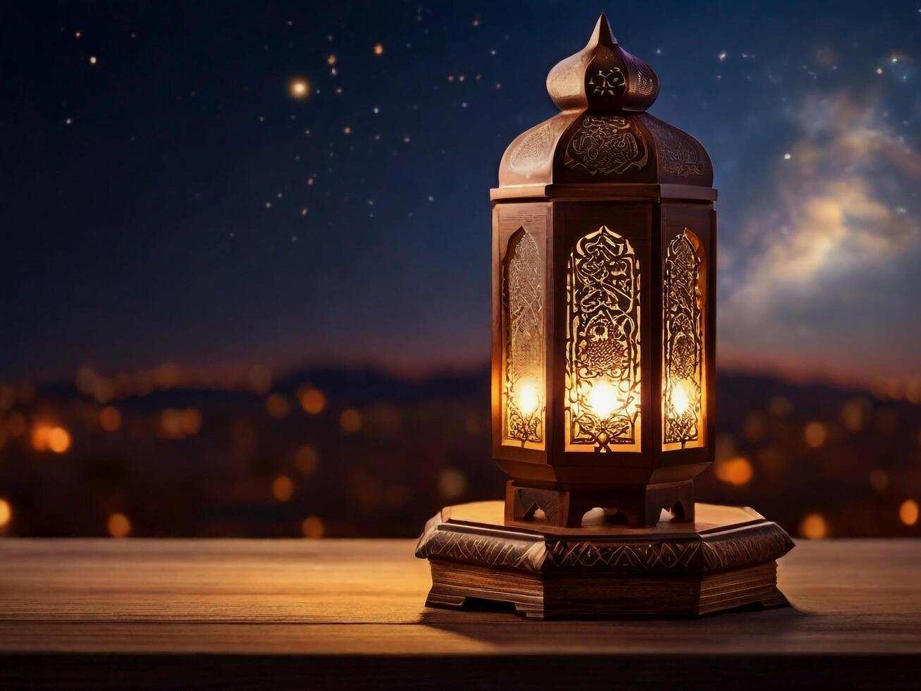 ai generado Ramadán eid Mubarak islámico festival Arábica lujo linterna vacío espacio antecedentes foto