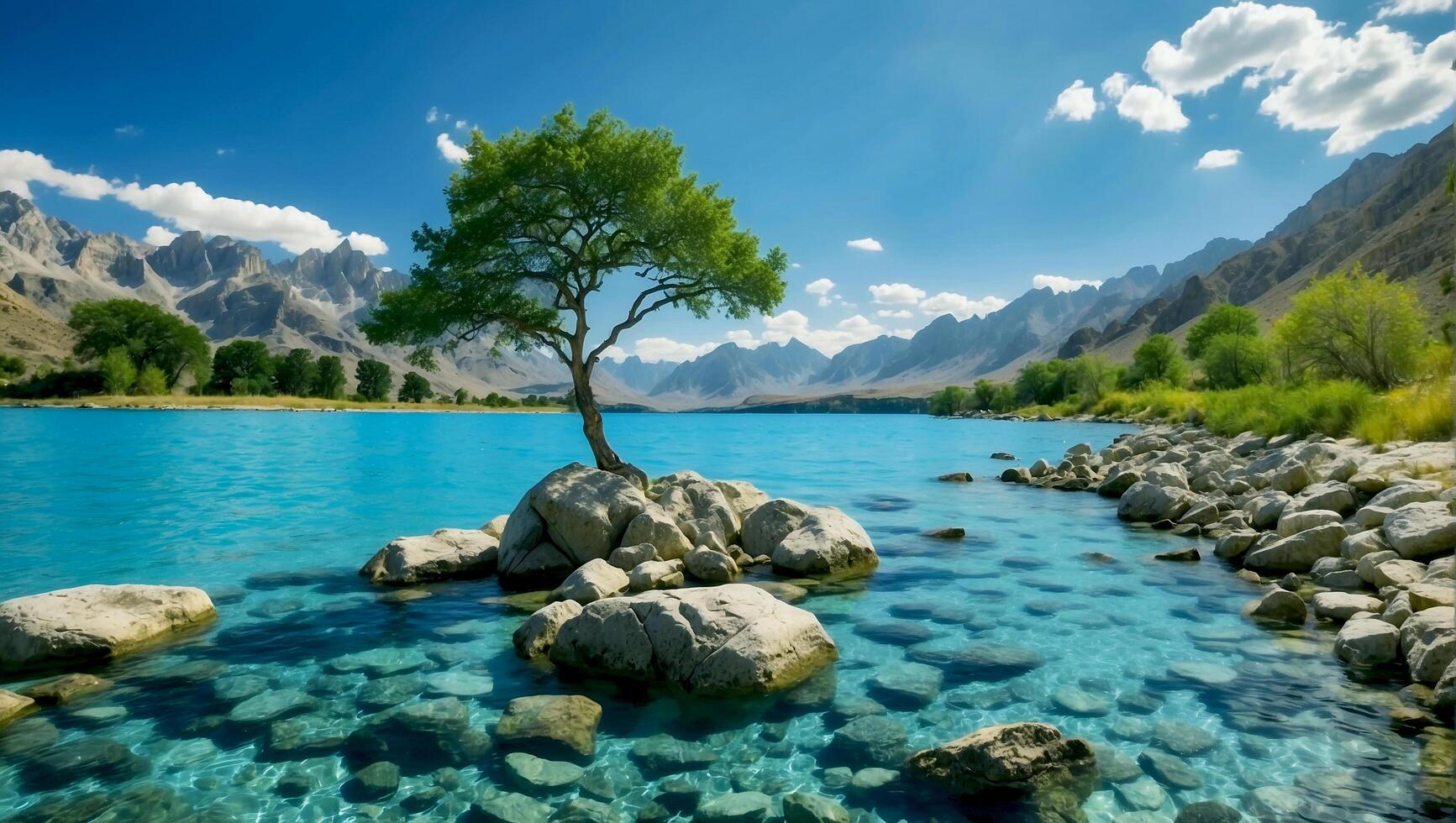 AI generated Generated image lone tree on the rocks by the lake photo