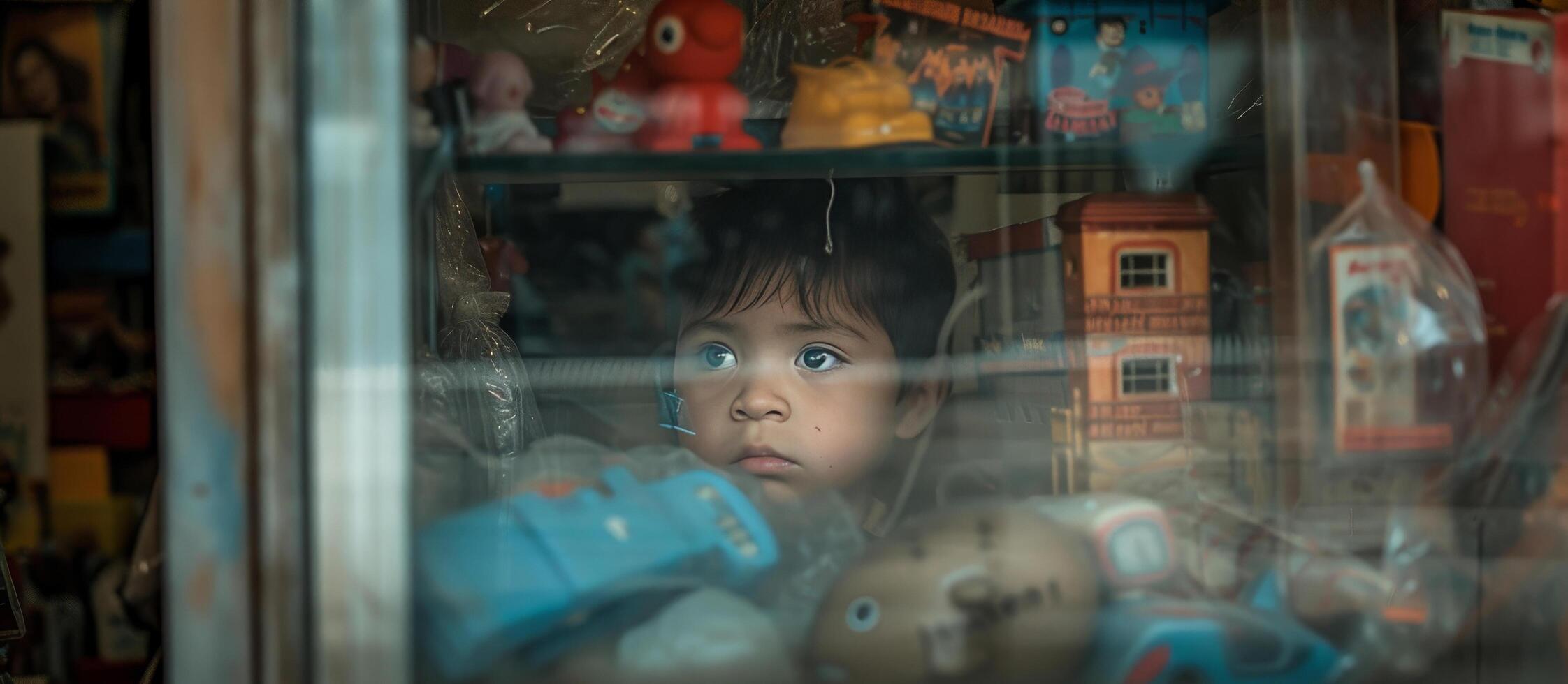 AI generated a boy looking at toy shop toys display behind the glass photo