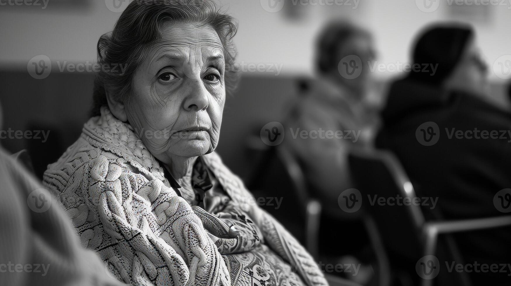 AI generated Aging Society old woman sitting in a hospital waiting room with other patients photo