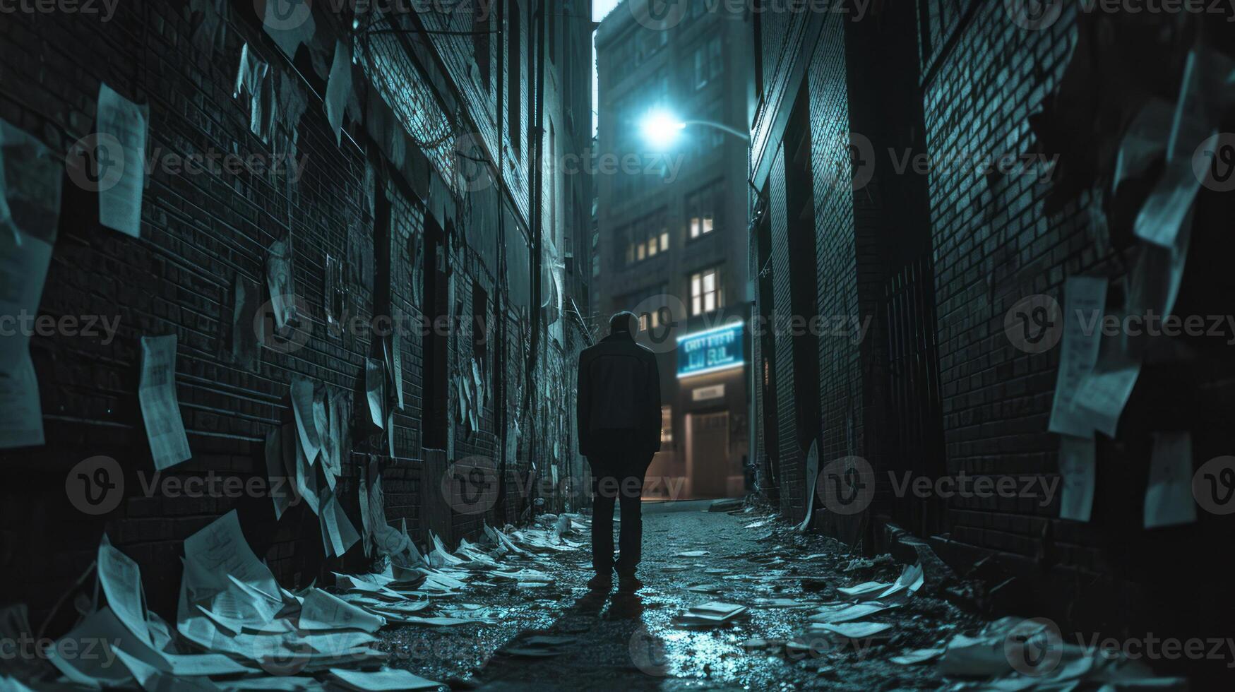 AI generated man stands alone in a dark quiet alley surrounded by discarded job applications struggles of unemployment. photo