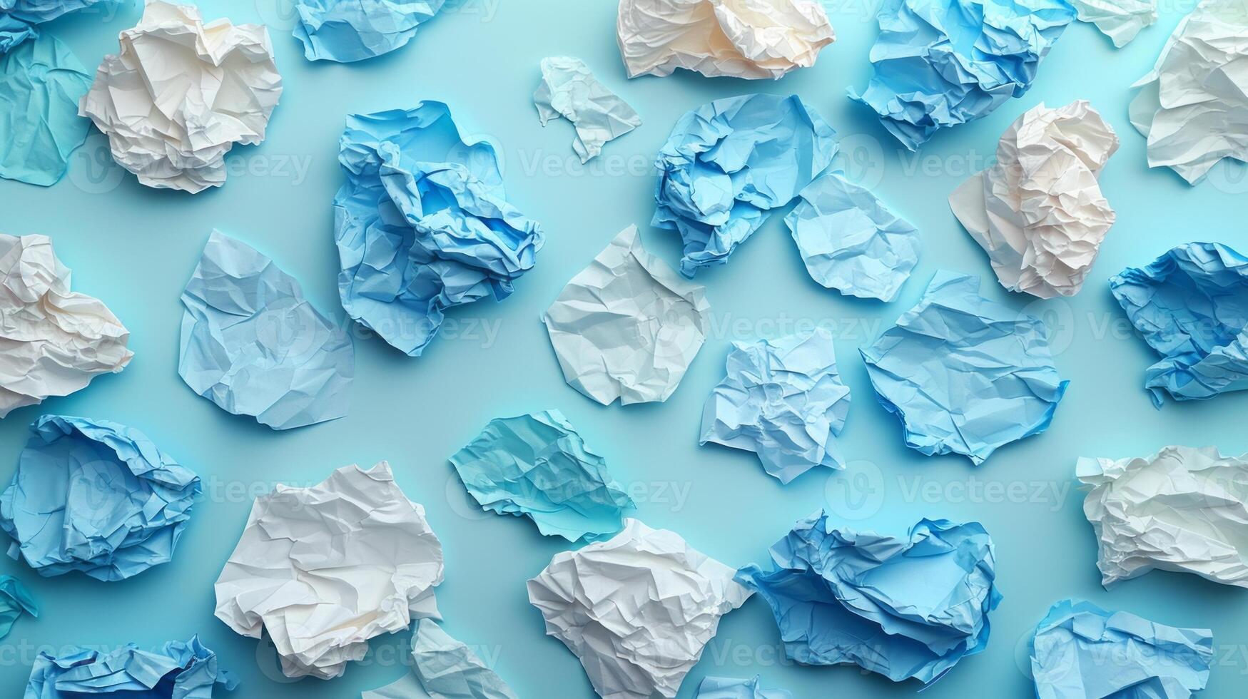 AI generated pieces of paper blue and white papers scattered on a light blue bacground photo