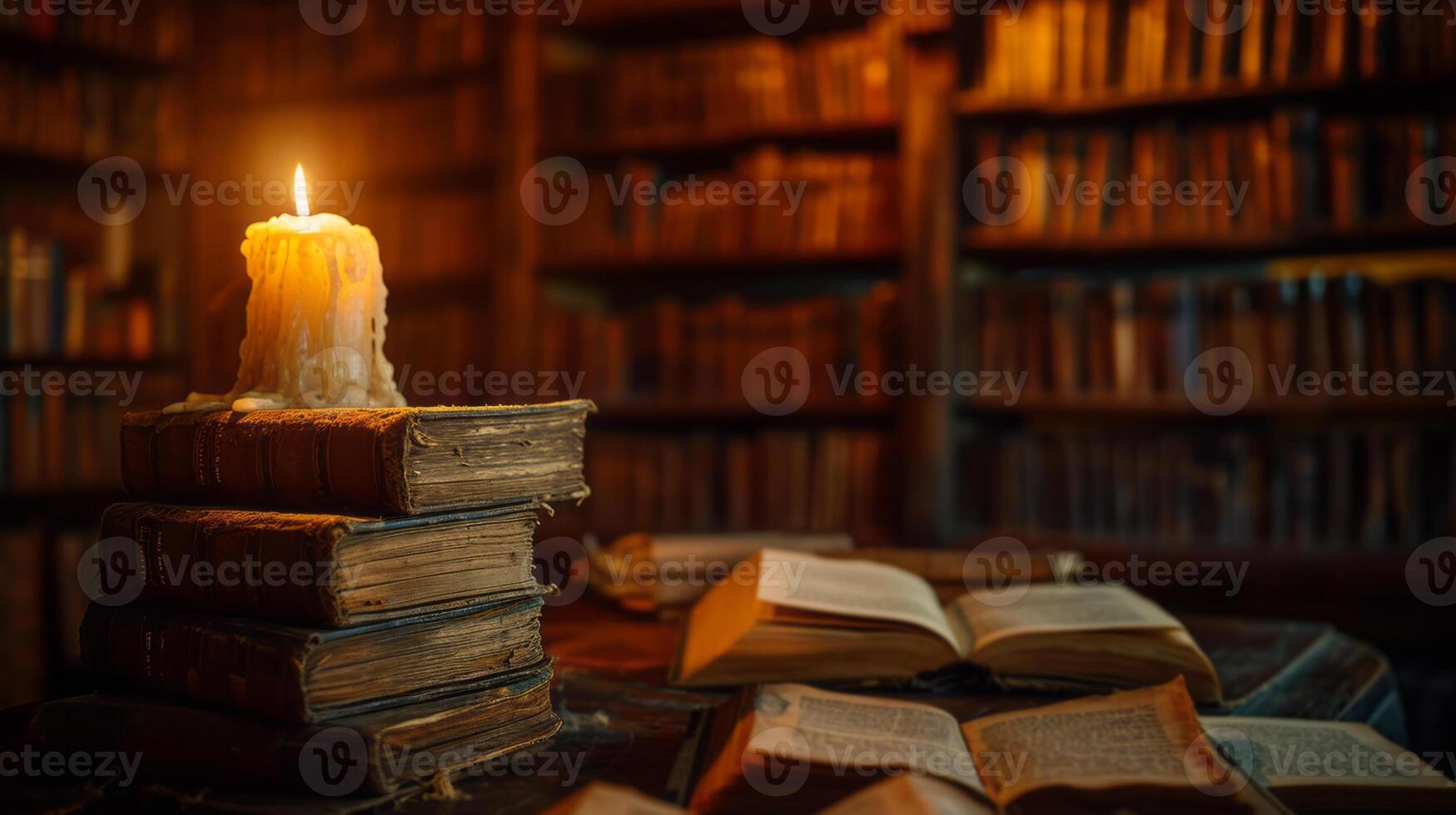 AI generated life long learning An ancient library with a candle on old books and wooden shelves. photo