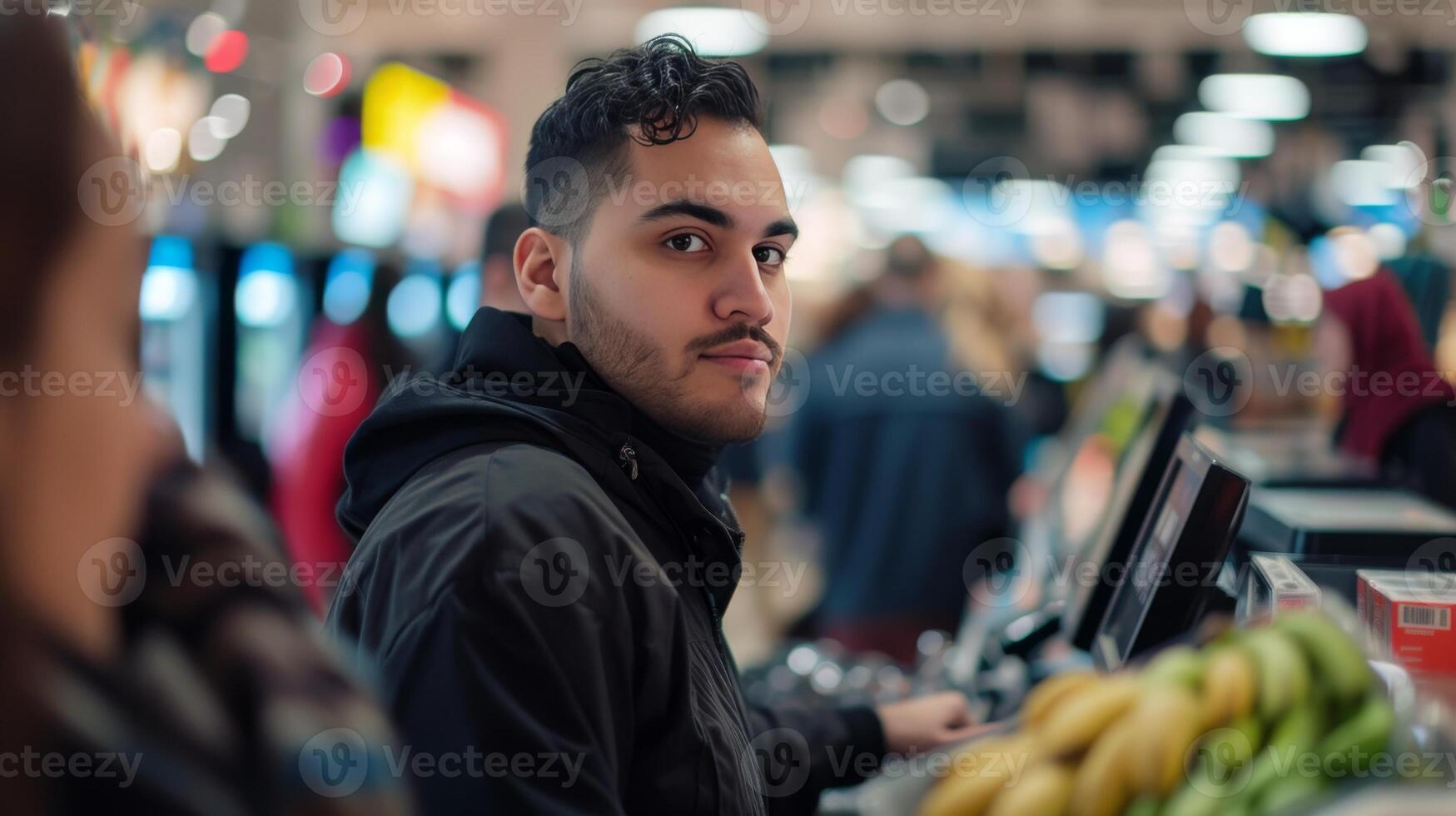 AI generated retail employee man managing long lines customers at the checkout counter in the busy shopping photo