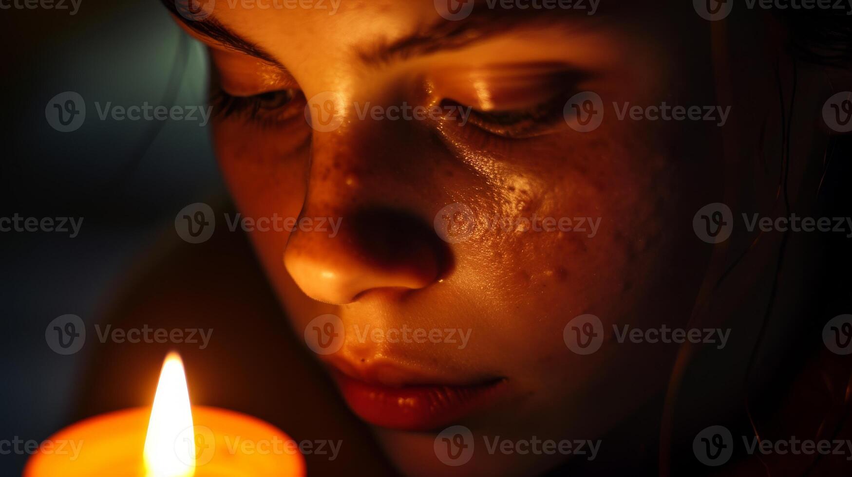AI generated Europe woman pimpled face near soft  candlelight photo