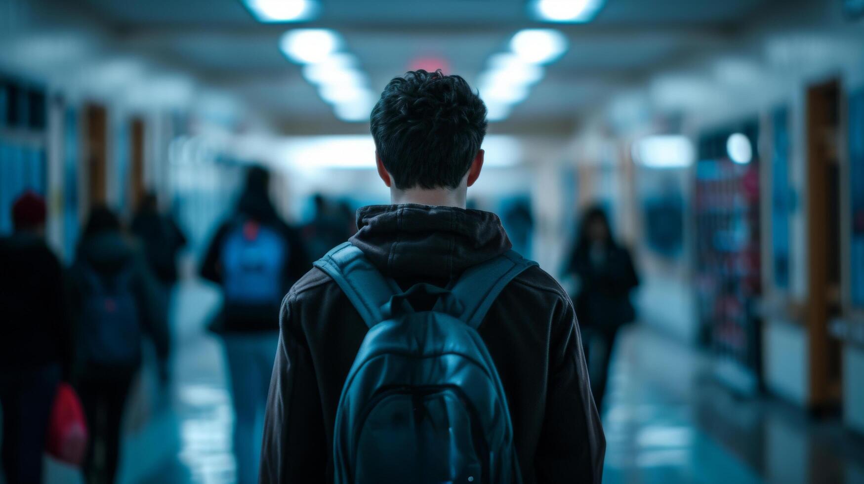 AI generated teenager boy stand lonely in a school hallway victim of cyberbullying in school photo