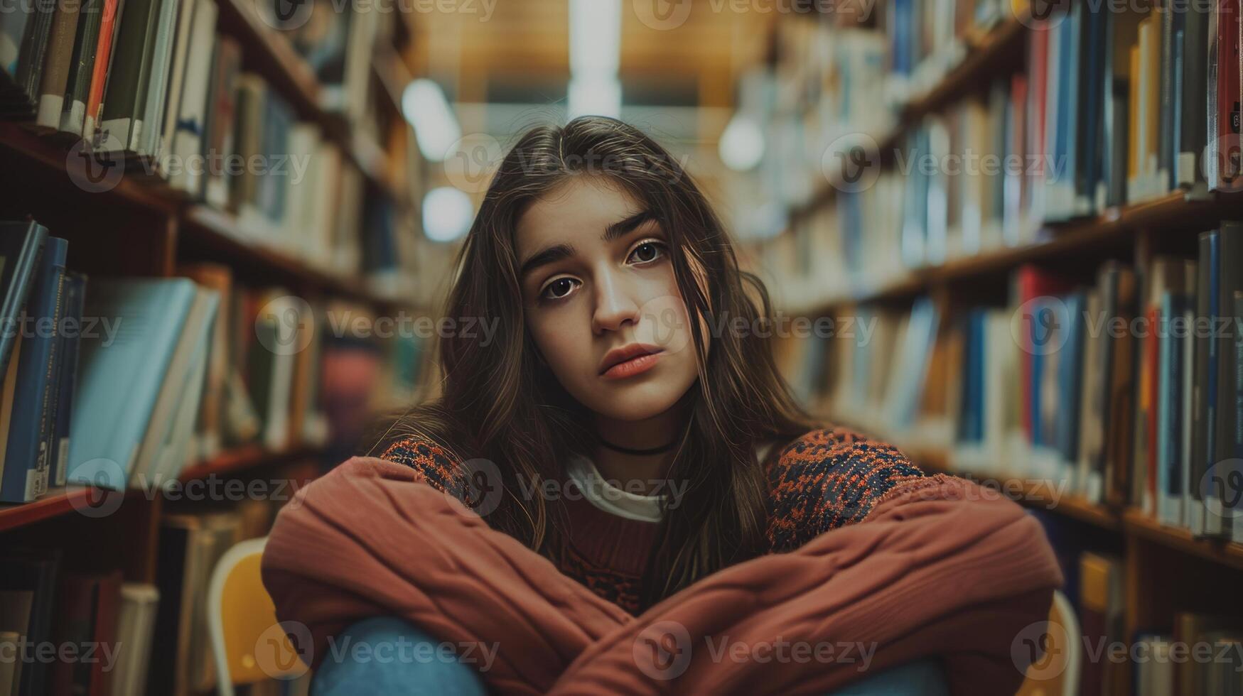 ai generado intimidación en colegio adolescente niña sentado solo en biblioteca con libro foto