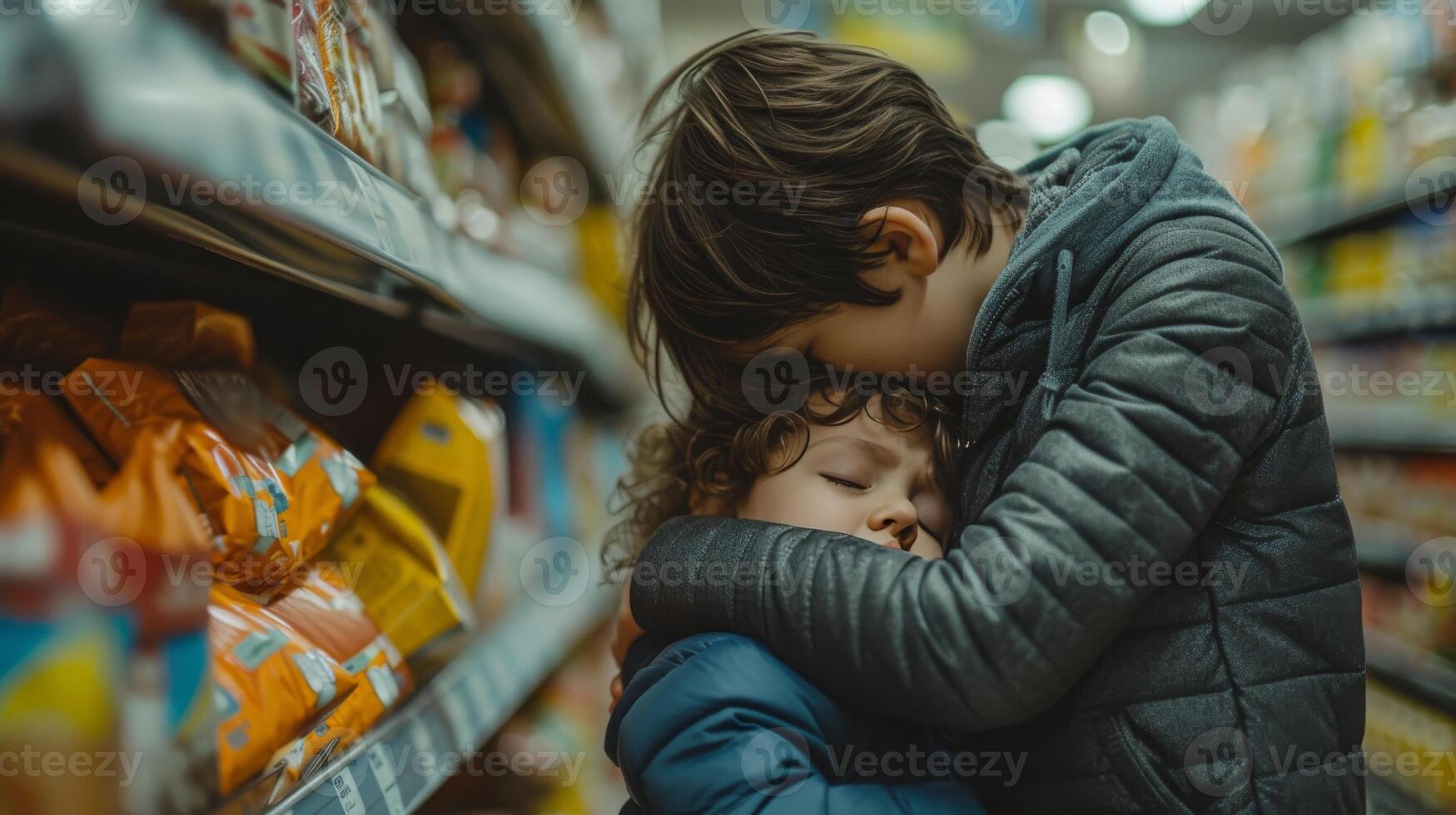 AI generated parent can't affording grocery comforting a crying child in a grocery store photo