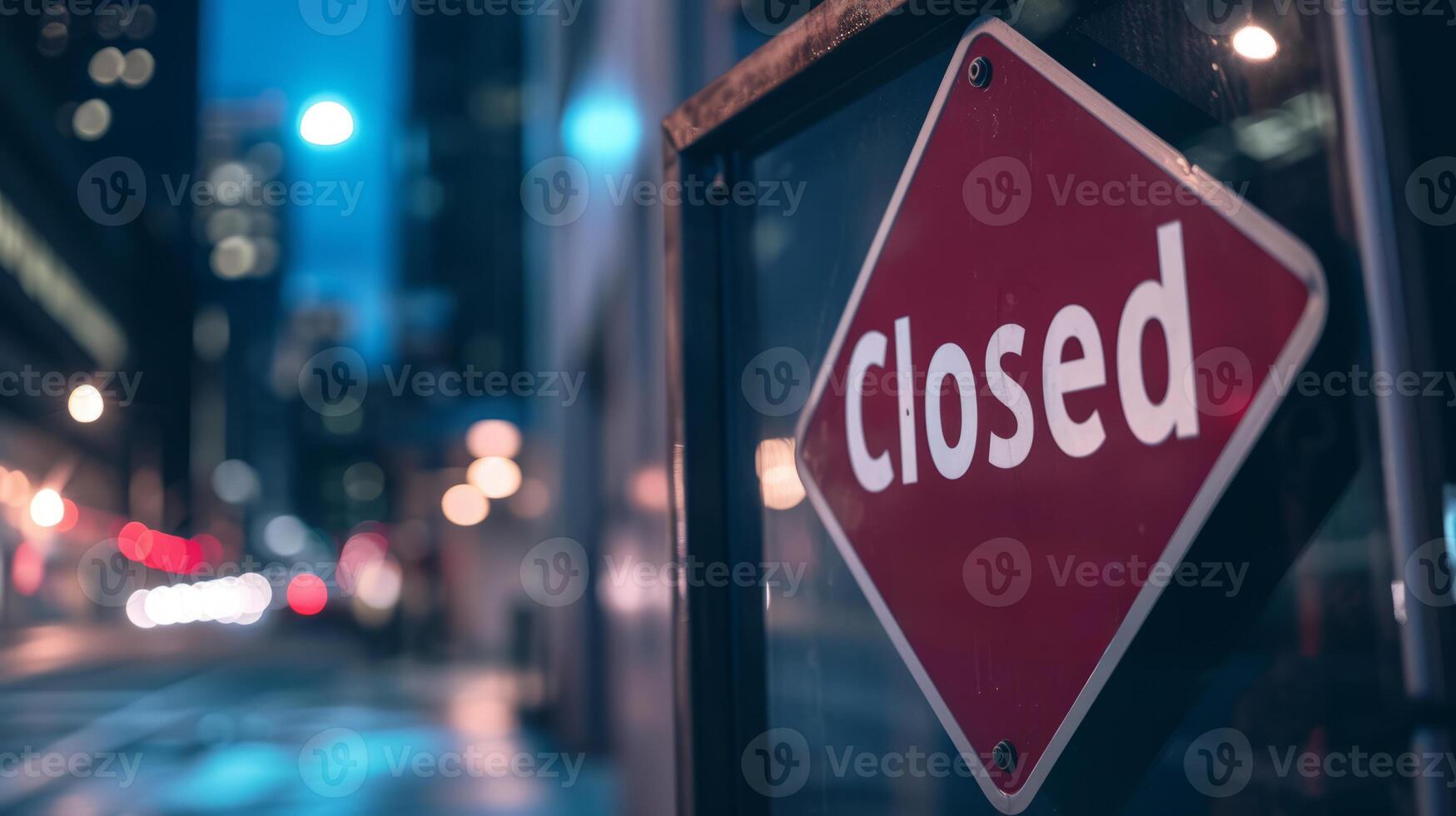 AI generated A closed sign in a cityscape with Street lights and building photo