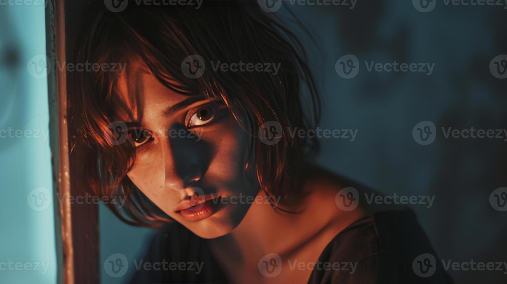 AI generated mental breakdown woman staring into the distance with warm light darktone photo